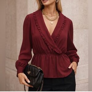 Pleione Elegant Burgundy Ruffle Wrap Top